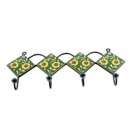 Forest Green Ceramic Floral Tiles Hooks